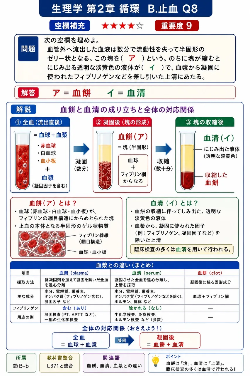 次の空欄を埋めよ。 「血管外へ流出した血液は数分で流動性を失って半固形のゼリー状となる。この塊を( ア )という。のちに塊が縮むとにじみ出る透明な淡黄色の液体が( イ )で、血漿から凝固に使われたフィブリノゲンなどを差し引いた上清にあたる。」 解説図