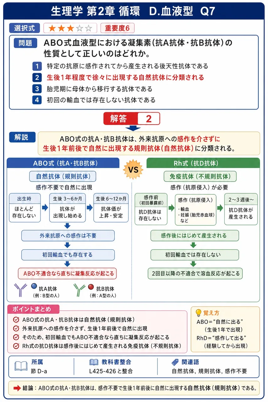 ABO式血液型における凝集素(抗A抗体・抗B抗体)の性質として正しいのはどれか。 解説図