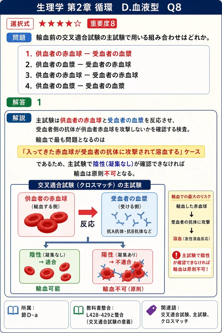 輸血前の交叉適合試験の主試験で用いる組み合わせはどれか。 解説図