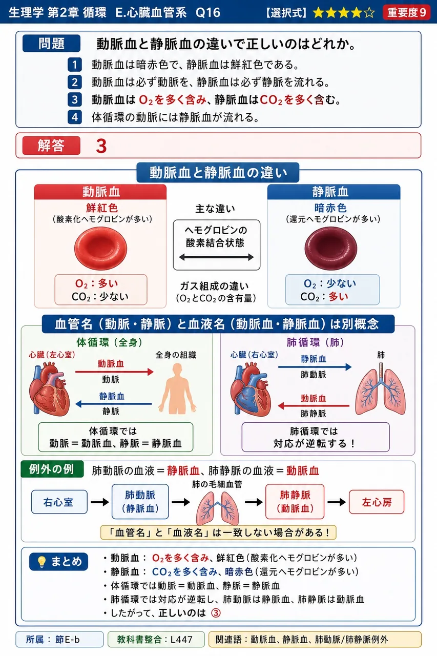 動脈血と静脈血の違いで正しいのはどれか。 解説図