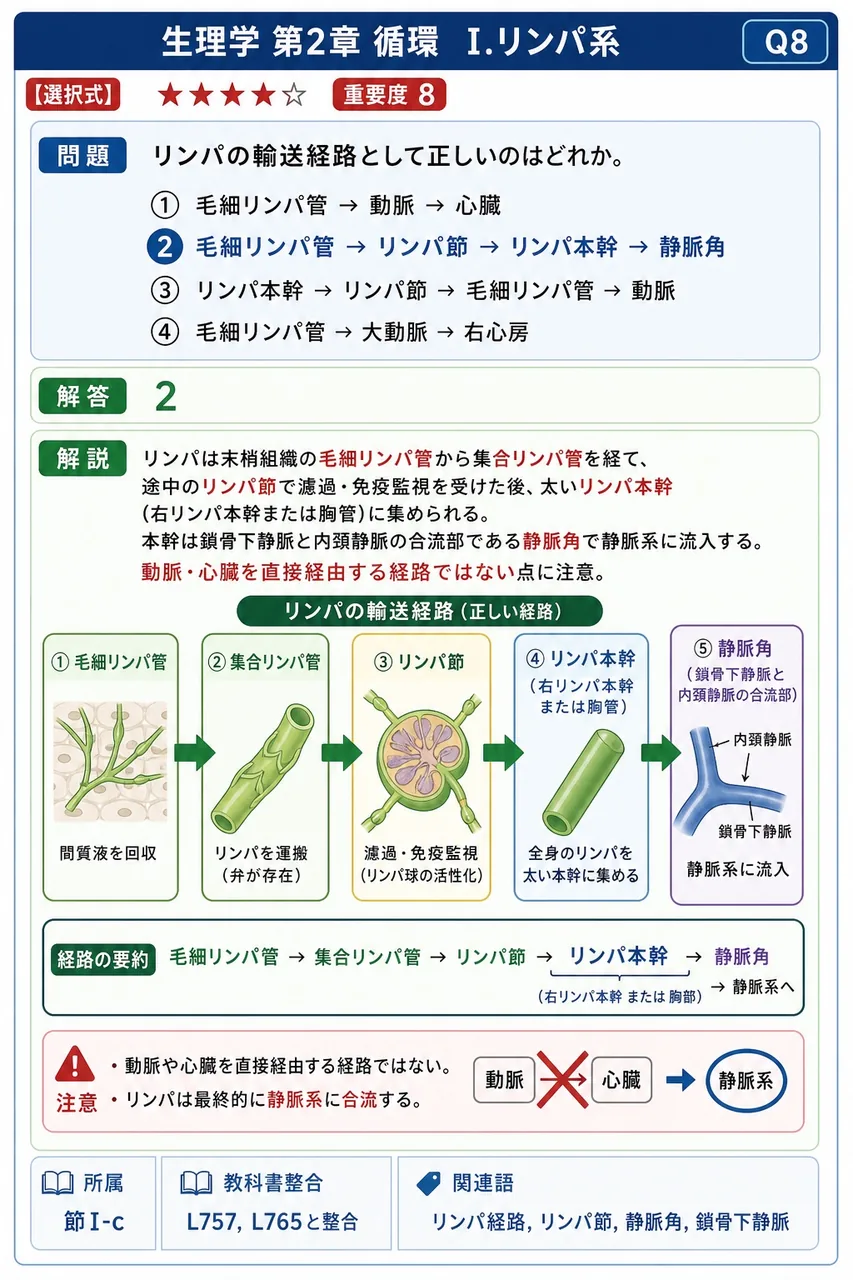 リンパの輸送経路として正しいのはどれか。 解説図