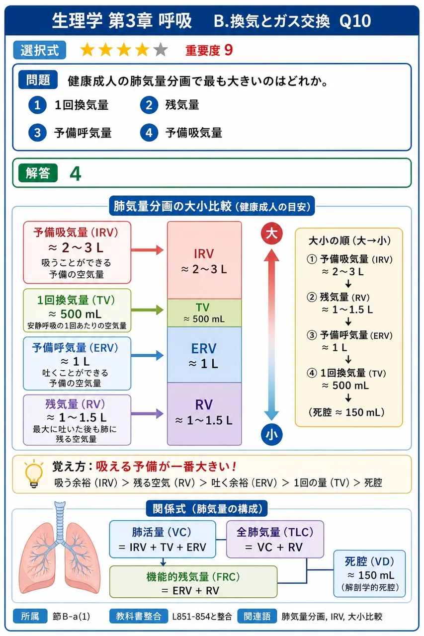 健康成人の肺気量分画で最も大きいのはどれか。 解説図