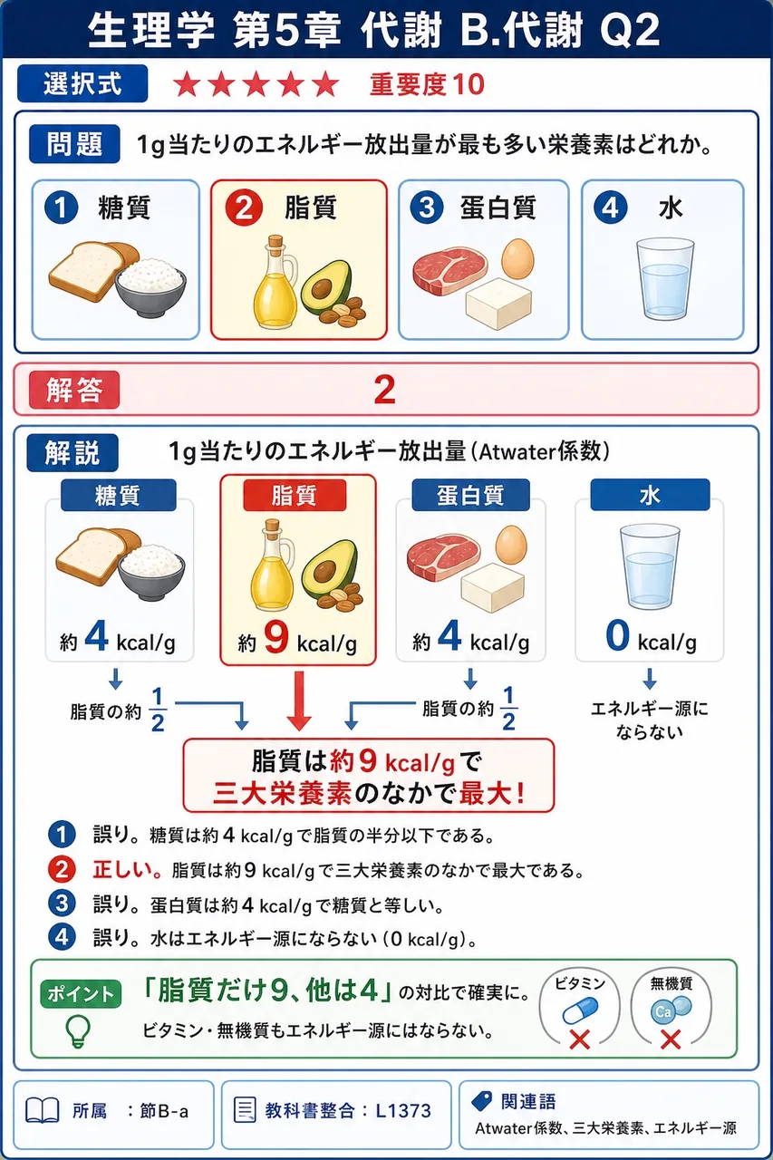 1g当たりのエネルギー放出量が最も多い栄養素はどれか。 解説図