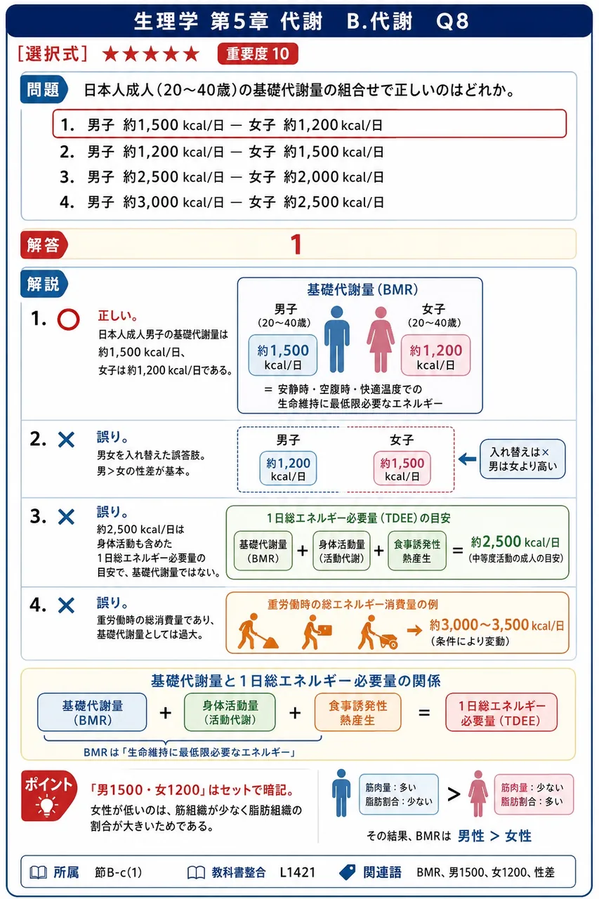 日本人成人(20~40歳)の基礎代謝量の組合せで正しいのはどれか。 解説図