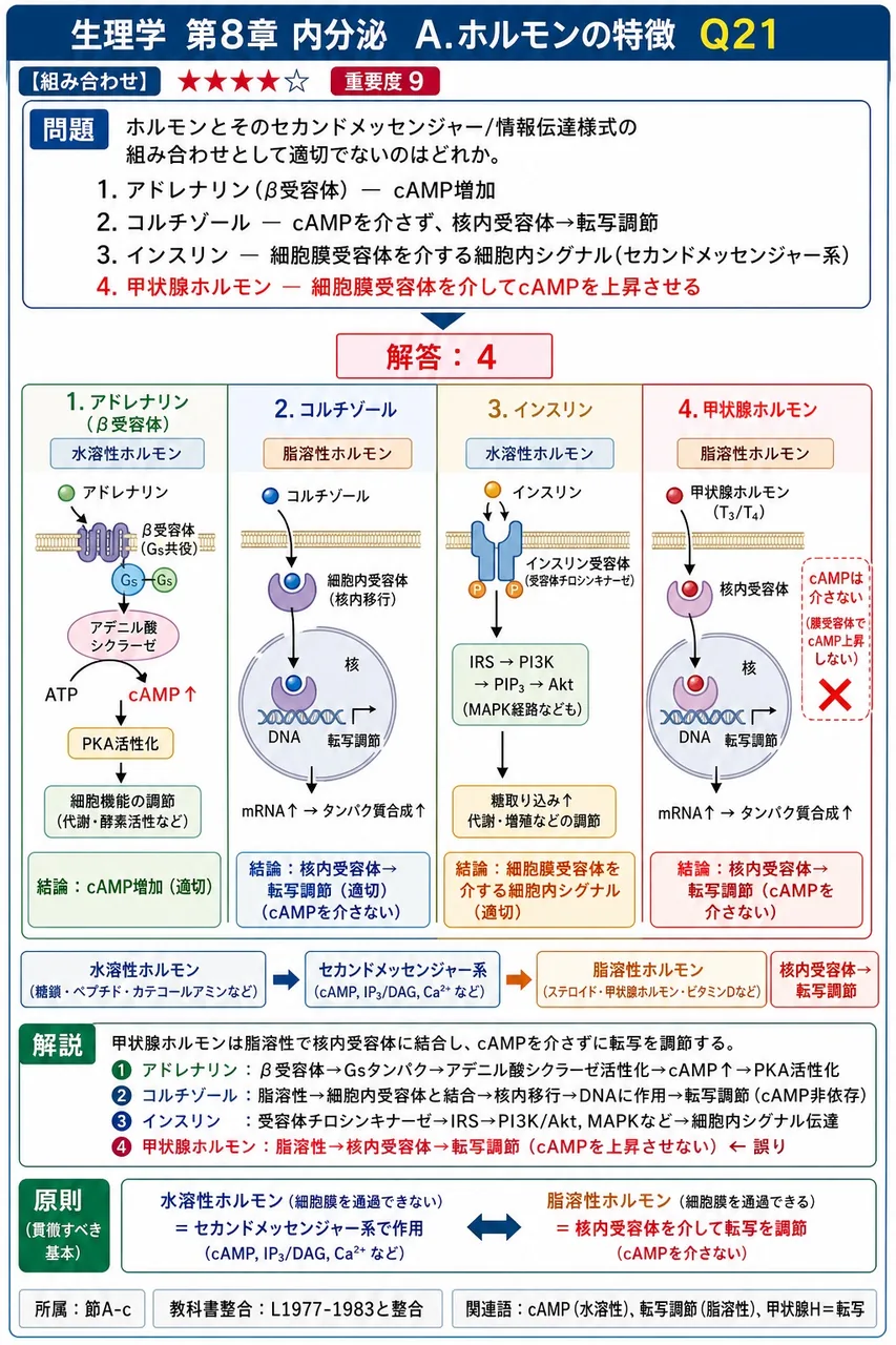 ホルモンとそのセカンドメッセンジャー/情報伝達様式の組み合わせとして適切でないのはどれか。 解説図