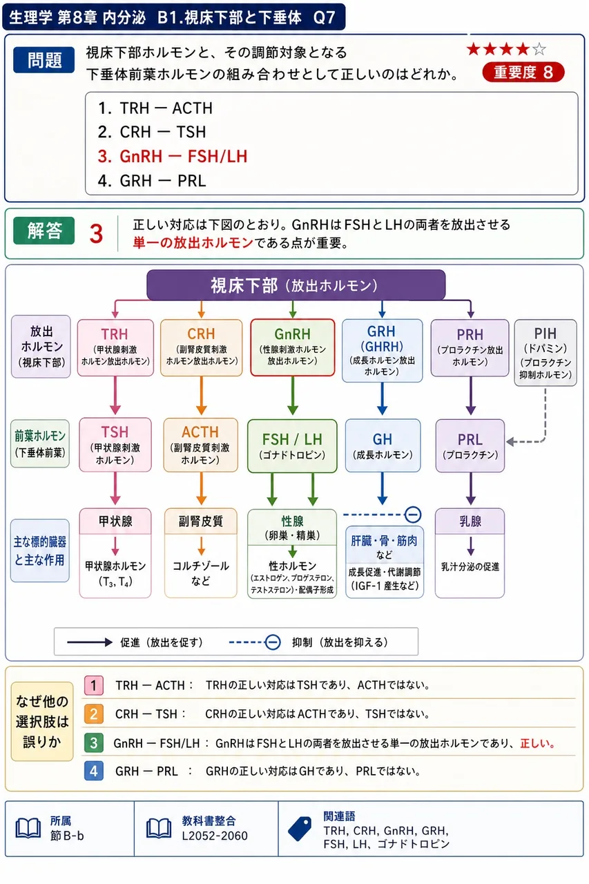 視床下部ホルモンと、その調節対象となる下垂体前葉ホルモンの組み合わせとして正しいのはどれか。 解説図