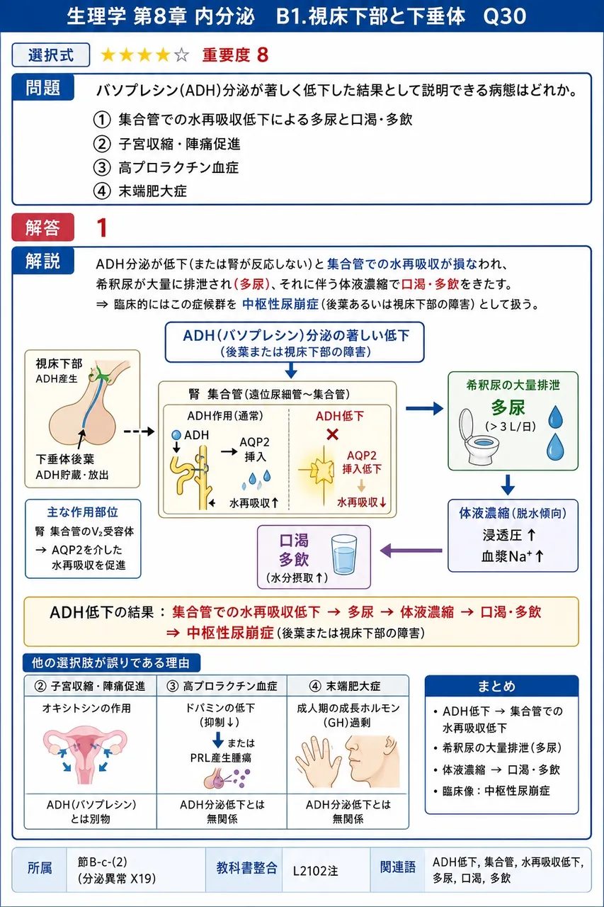 バソプレシン(ADH)分泌が著しく低下した結果として説明できる病態はどれか。 解説図
