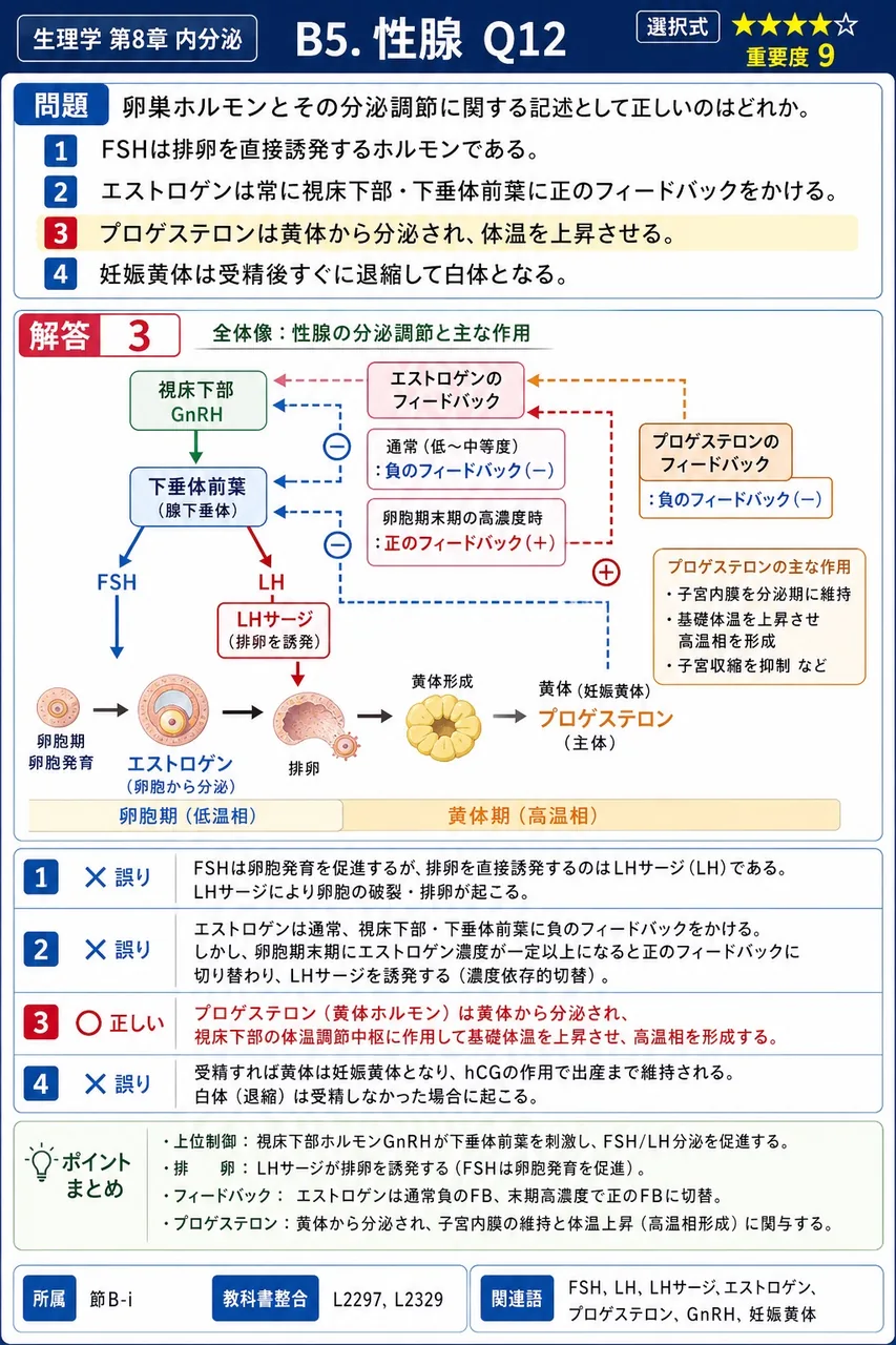卵巣ホルモンとその分泌調節に関する記述として正しいのはどれか。 解説図