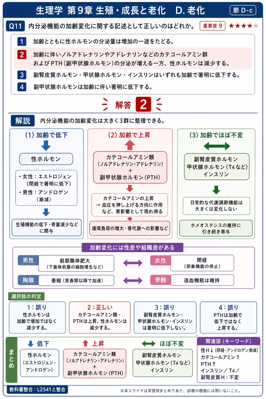 内分泌機能の加齢変化に関する記述として正しいのはどれか。 解説図