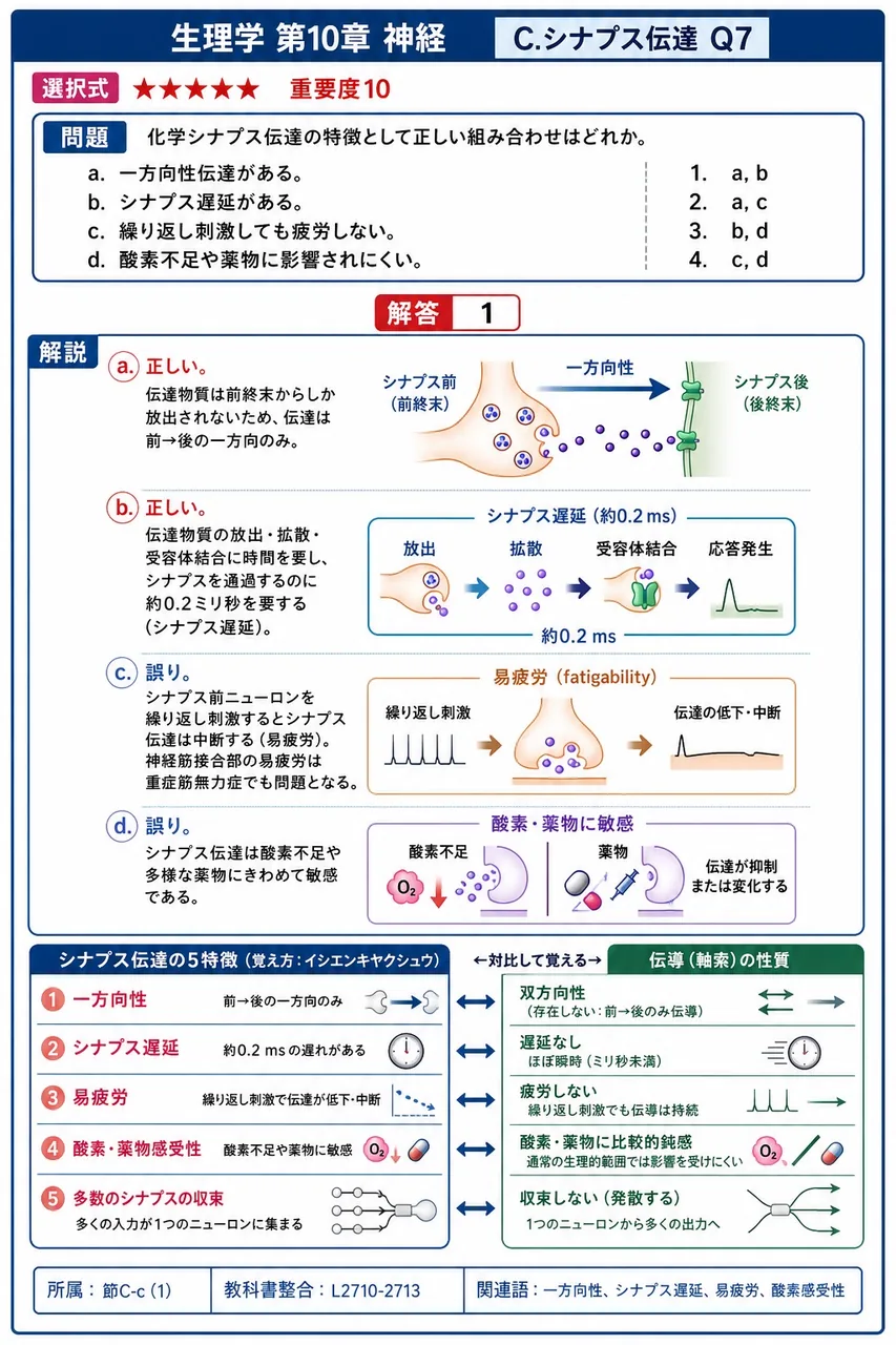 化学シナプス伝達の特徴として正しい組み合わせはどれか。 a. 一方向性伝達がある。 b. シナプス遅延がある。 c. 繰り返し刺激しても疲労しない。 d. 酸素不足や薬物に影響されにくい。 解説図