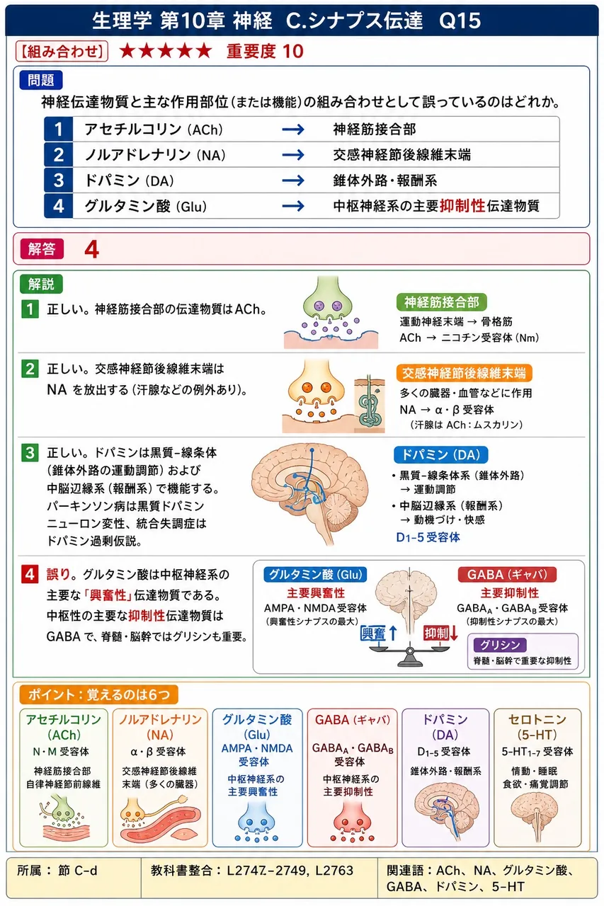 神経伝達物質と主な作用部位(または機能)の組み合わせとして誤っているのはどれか。 解説図
