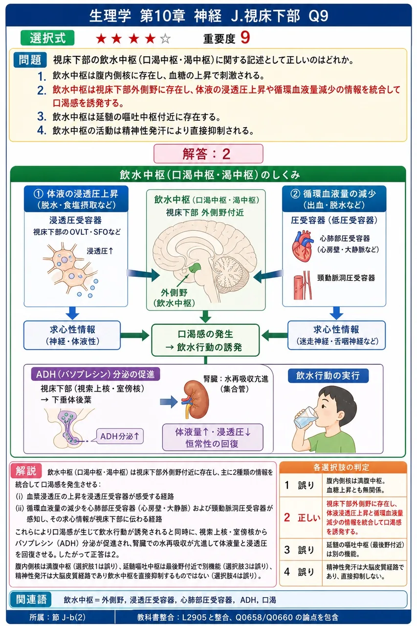 視床下部の飲水中枢(口渇中枢・渇中枢)に関する記述として正しいのはどれか。 解説図