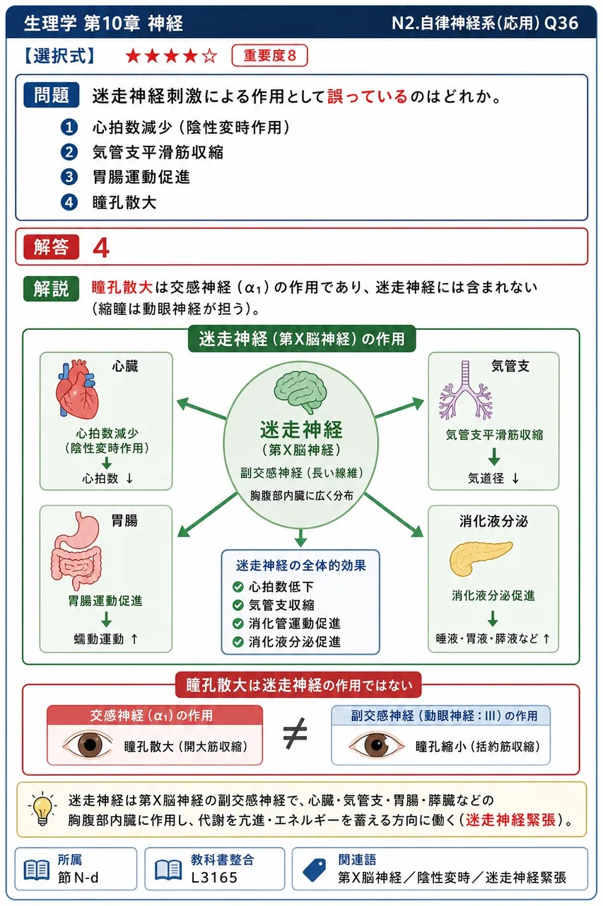 迷走神経刺激による作用として**誤っている**のはどれか。 解説図