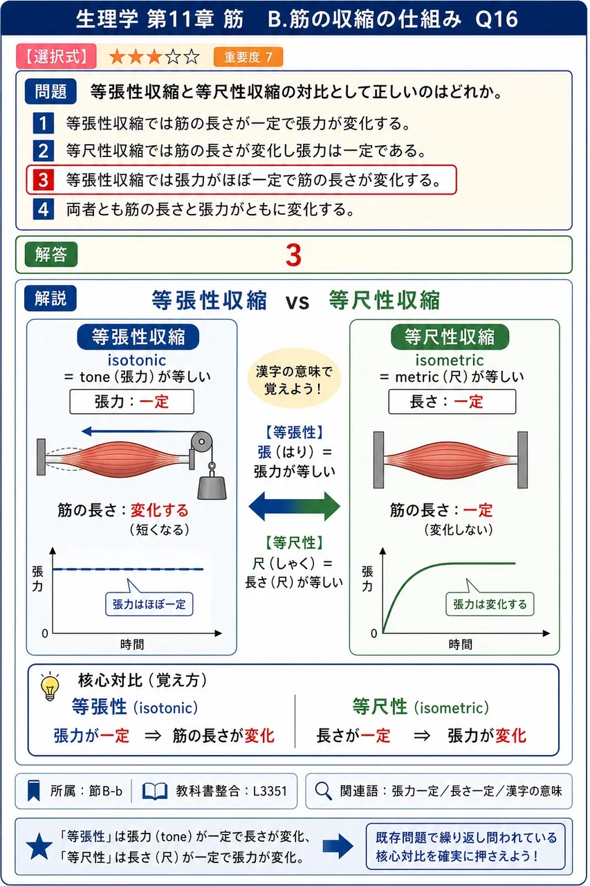 等張性収縮と等尺性収縮の対比として正しいのはどれか。 解説図