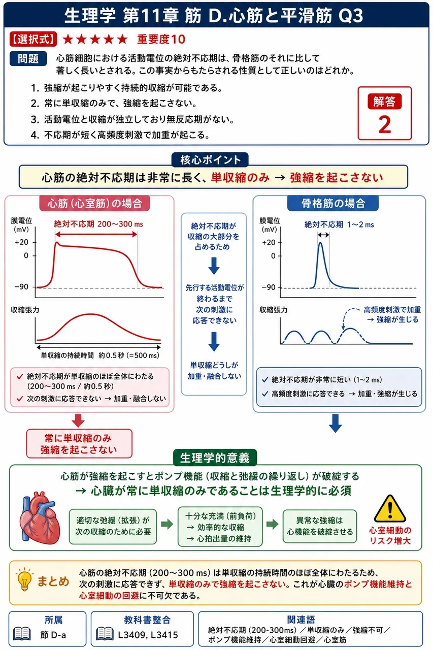 心筋細胞における活動電位の絶対不応期は、骨格筋のそれに比して著しく長いとされる。この事実からもたらされる性質として正しいのはどれか。 解説図