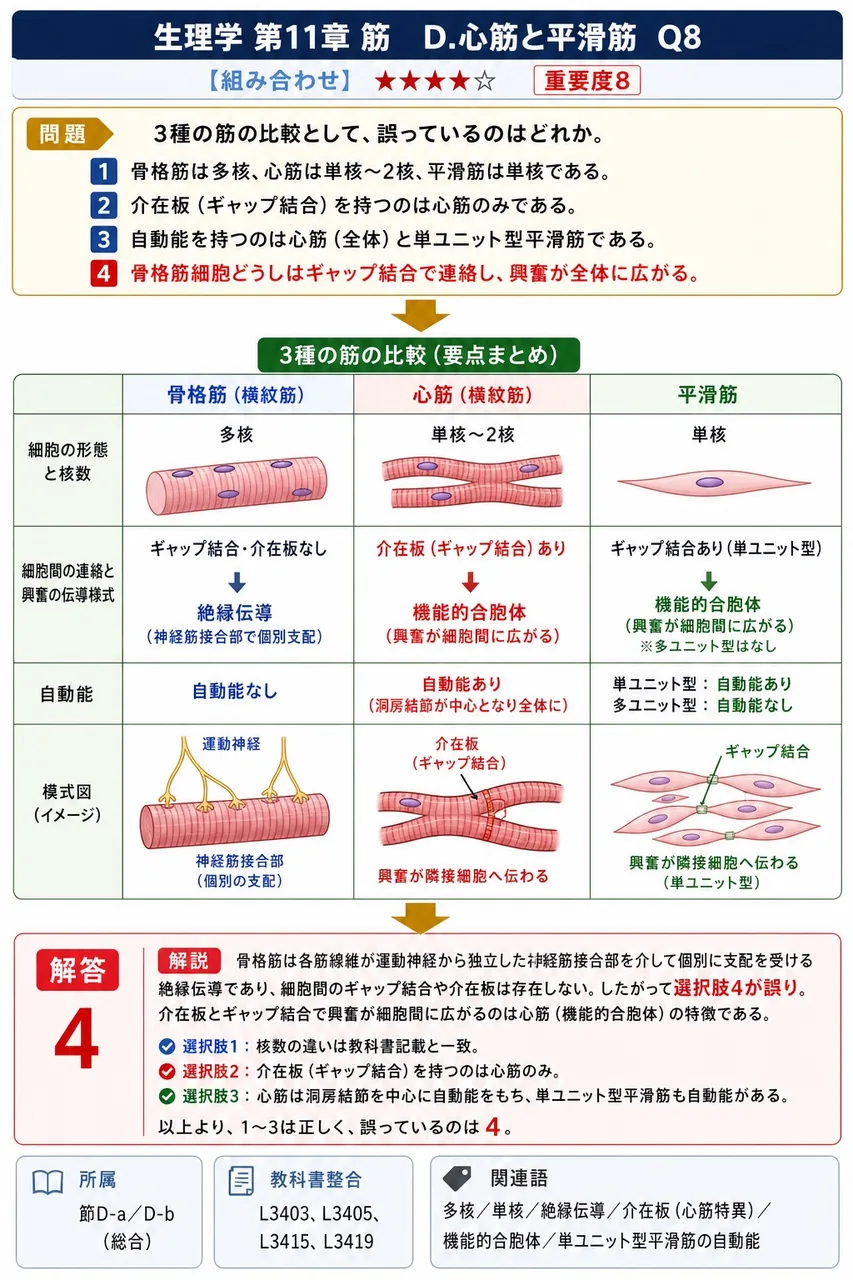 3種の筋の比較として、**誤っている**のはどれか。 解説図