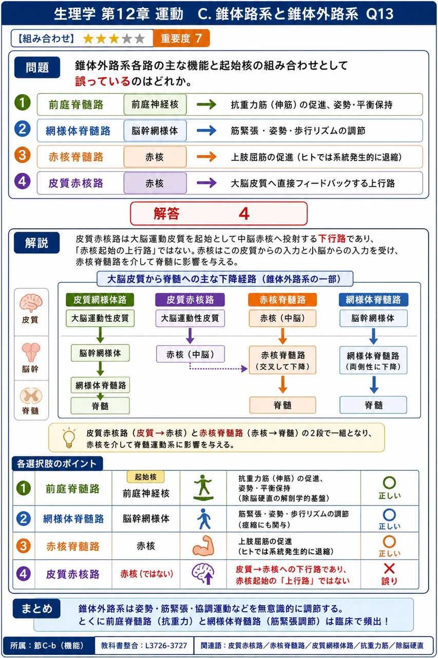 錐体外路系各路の主な機能と起始核の組み合わせとして誤っているのはどれか。 解説図