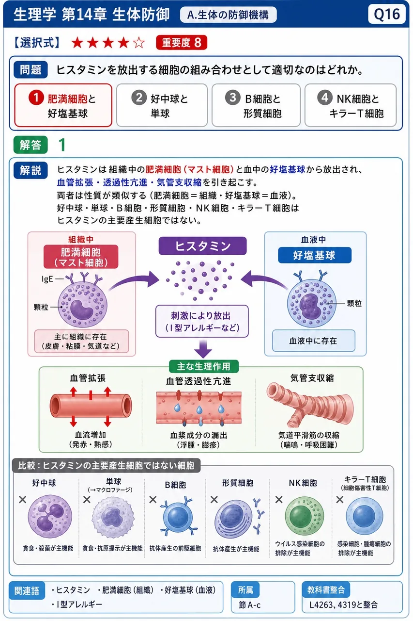 ヒスタミンを放出する細胞の組み合わせとして適切なのはどれか。 解説図