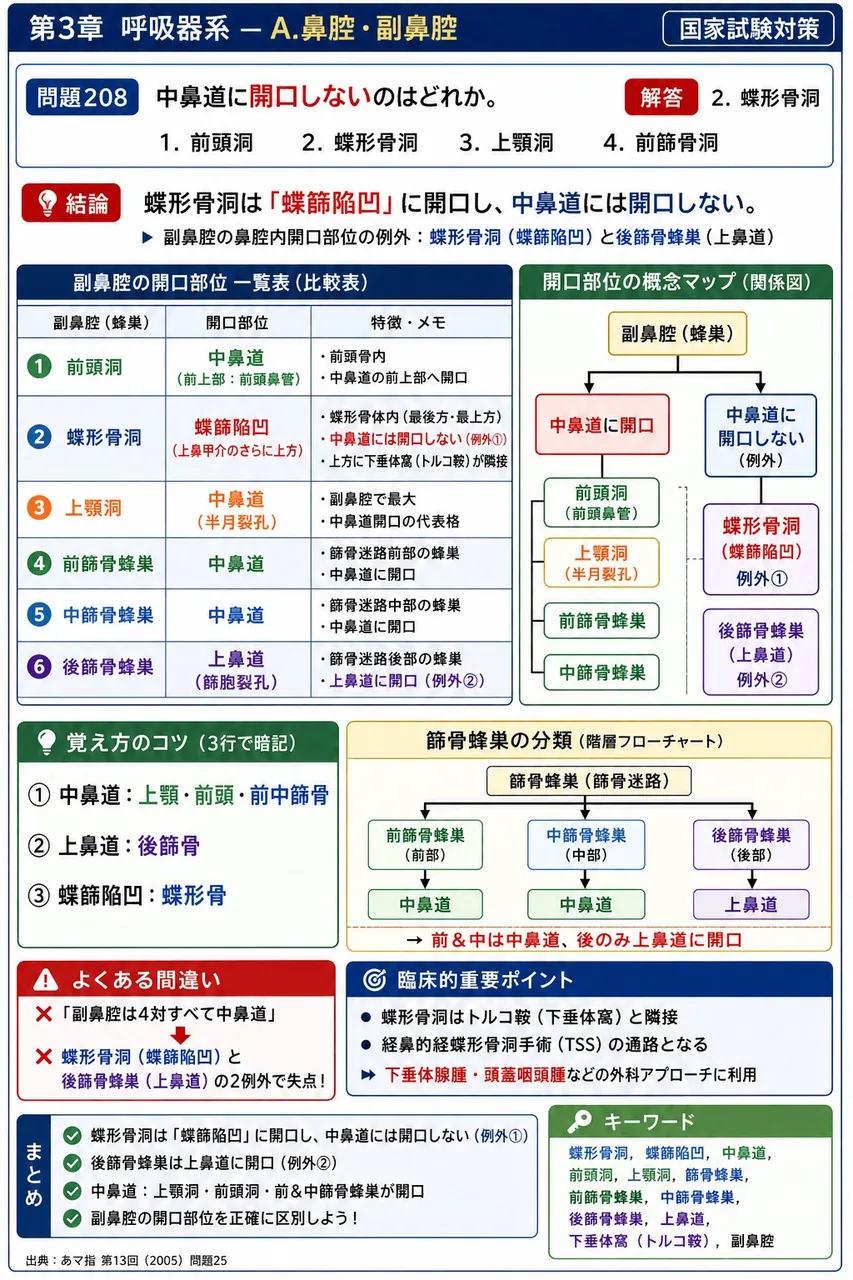 あマ指 第13回(2005) 問題25｜中鼻道に開口しないのはどれか。 解説図