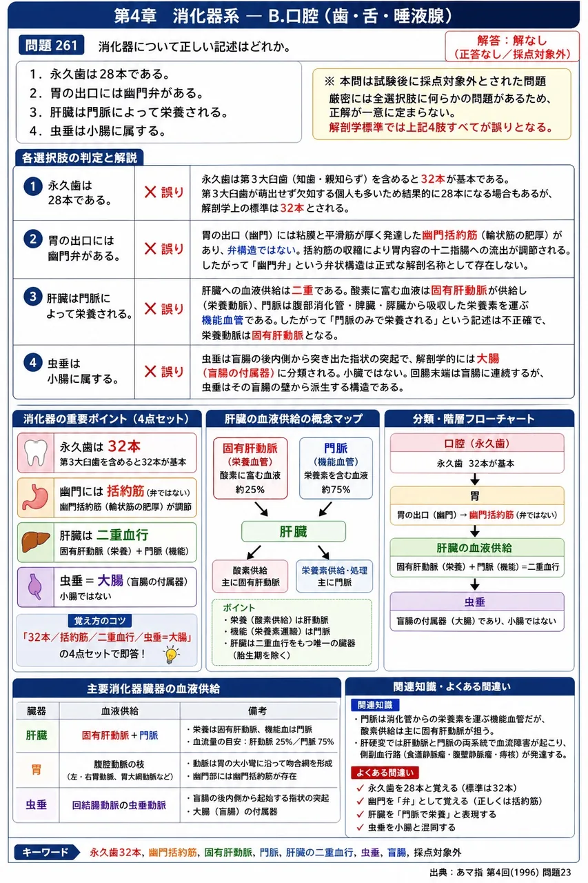 あマ指 第4回(1996) 問題23｜消化器について正しい記述はどれか。 解説図