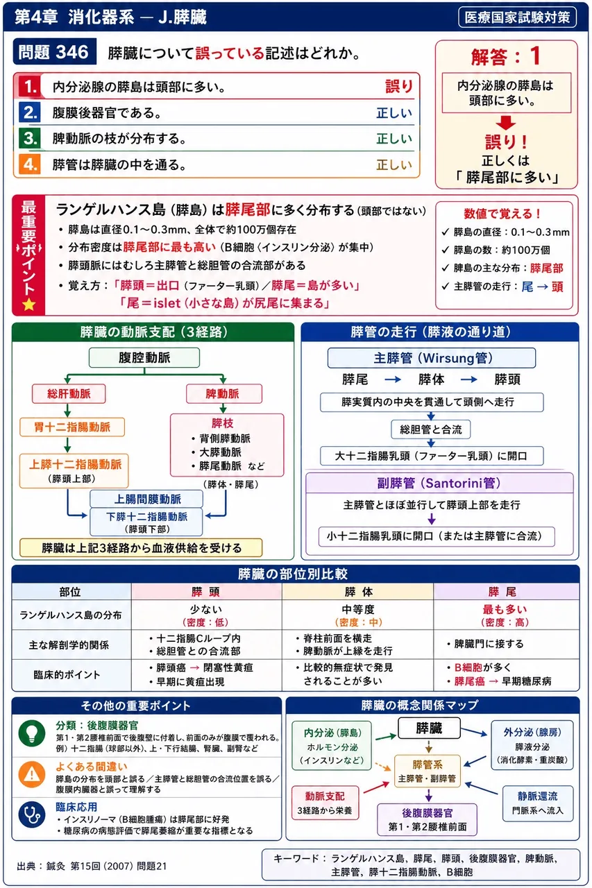 鍼灸 第15回(2007) 問題21｜膵臓について誤っている記述はどれか。 解説図