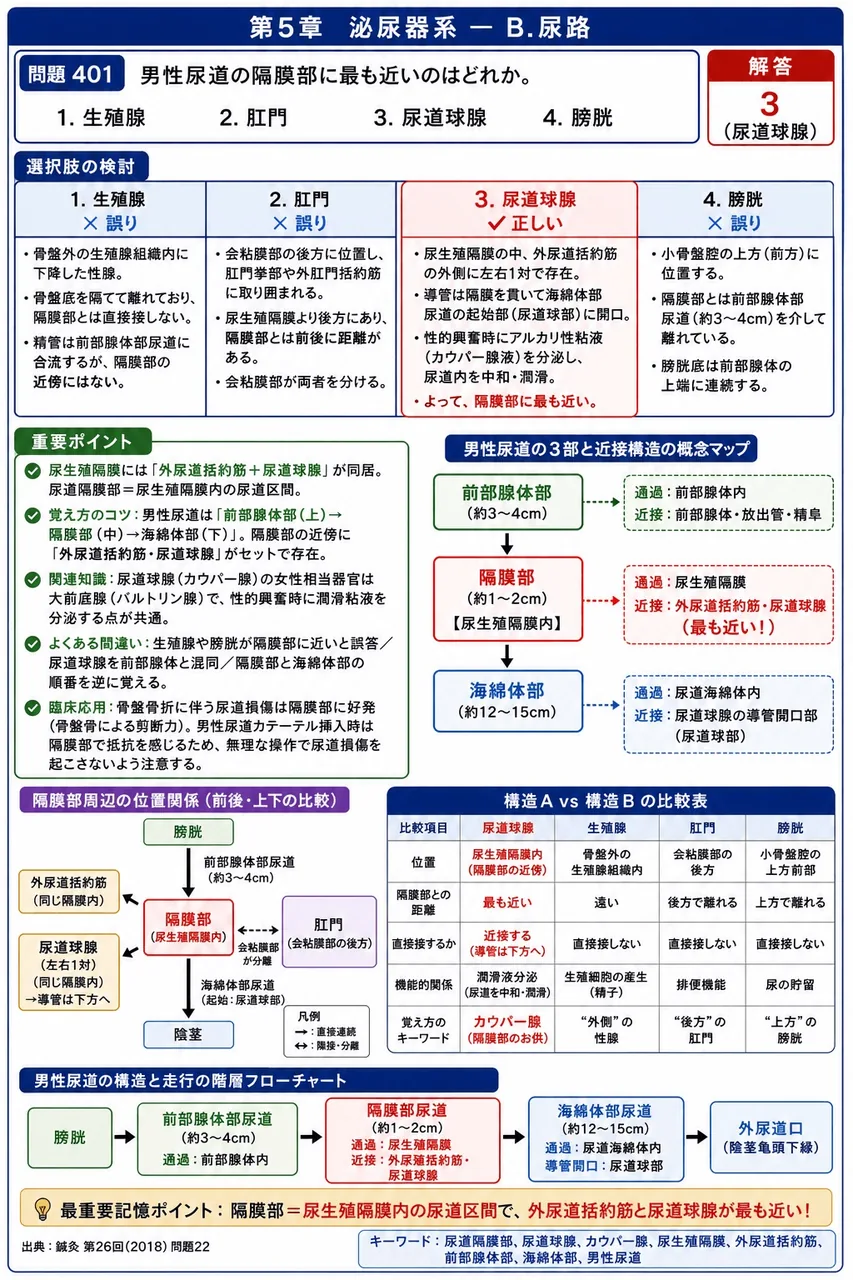 鍼灸 第26回(2018) 問題22｜男性尿道の隔膜部に最も近いのはどれか。 解説図
