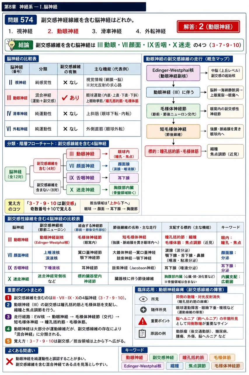 あマ指 第5回(1997) 問題34|副交感神経線維を含む脳神経はどれか。 解説図