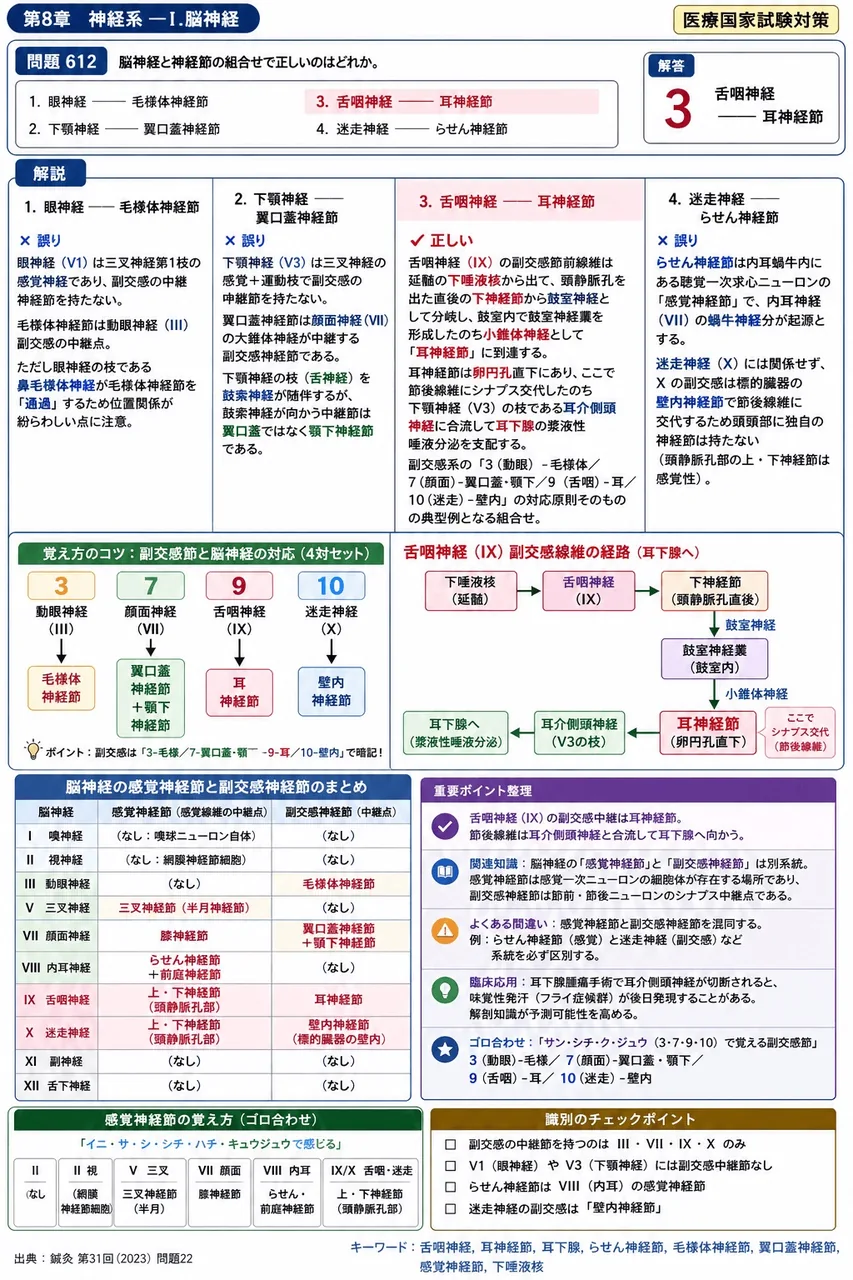 鍼灸 第31回(2023) 問題22｜脳神経と神経節の組合せで正しいのはどれか。 解説図