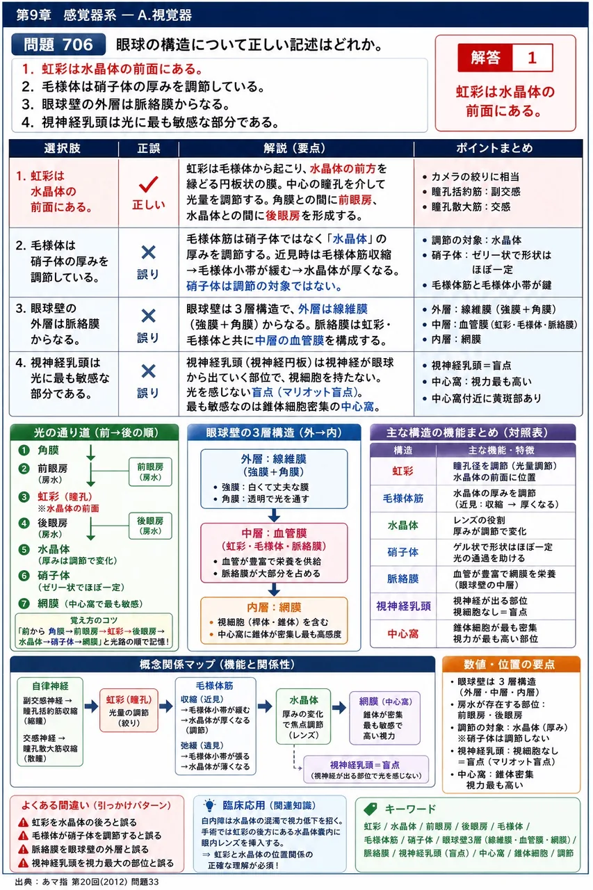 あマ指 第20回(2012) 問題33｜眼球の構造について正しい記述はどれか。 解説図