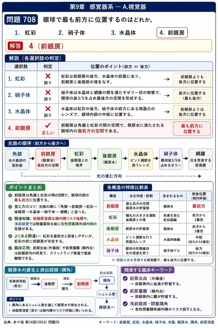 あマ指 第24回(2016) 問題26｜眼球で最も前方に位置するのはどれか。 解説図