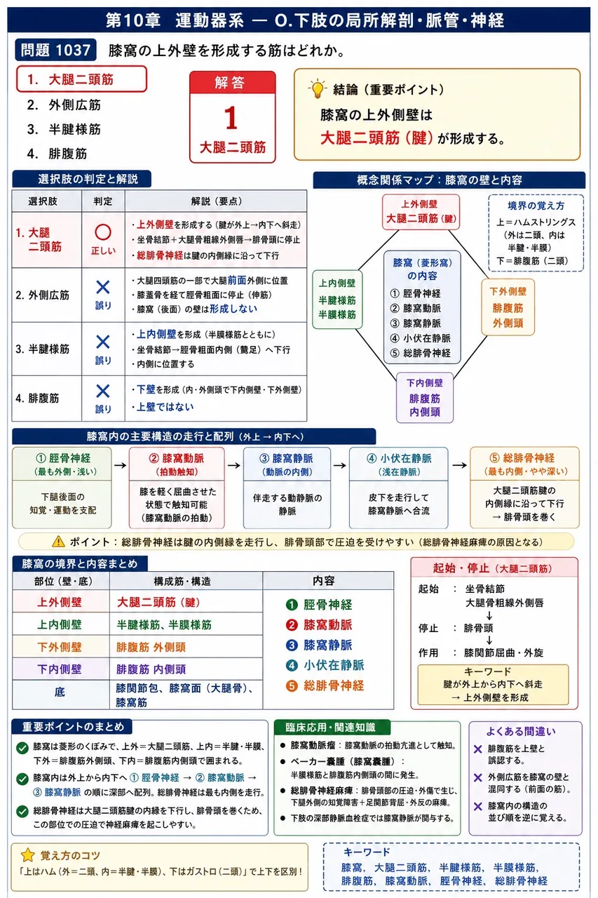 鍼灸 第4回(1996) 問題20|膝窩の上外壁を形成する筋はどれか。 解説図