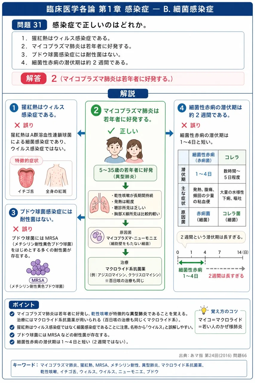あマ指 第24回(2016) 問題66｜感染症で正しいのはどれか。 解説図