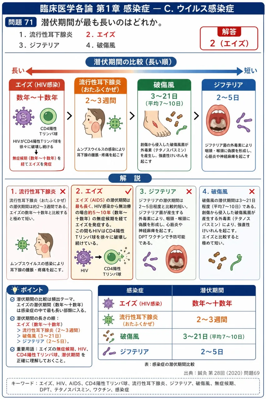 鍼灸 第28回(2020) 問題69｜潜伏期間が最も長いのはどれか。 解説図