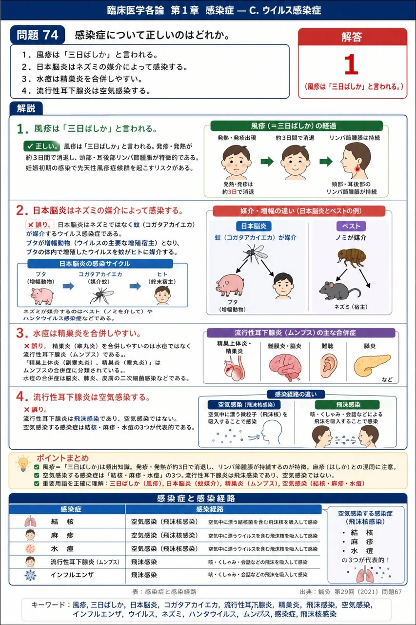 鍼灸 第29回(2021) 問題67｜感染症について正しいのはどれか。 解説図