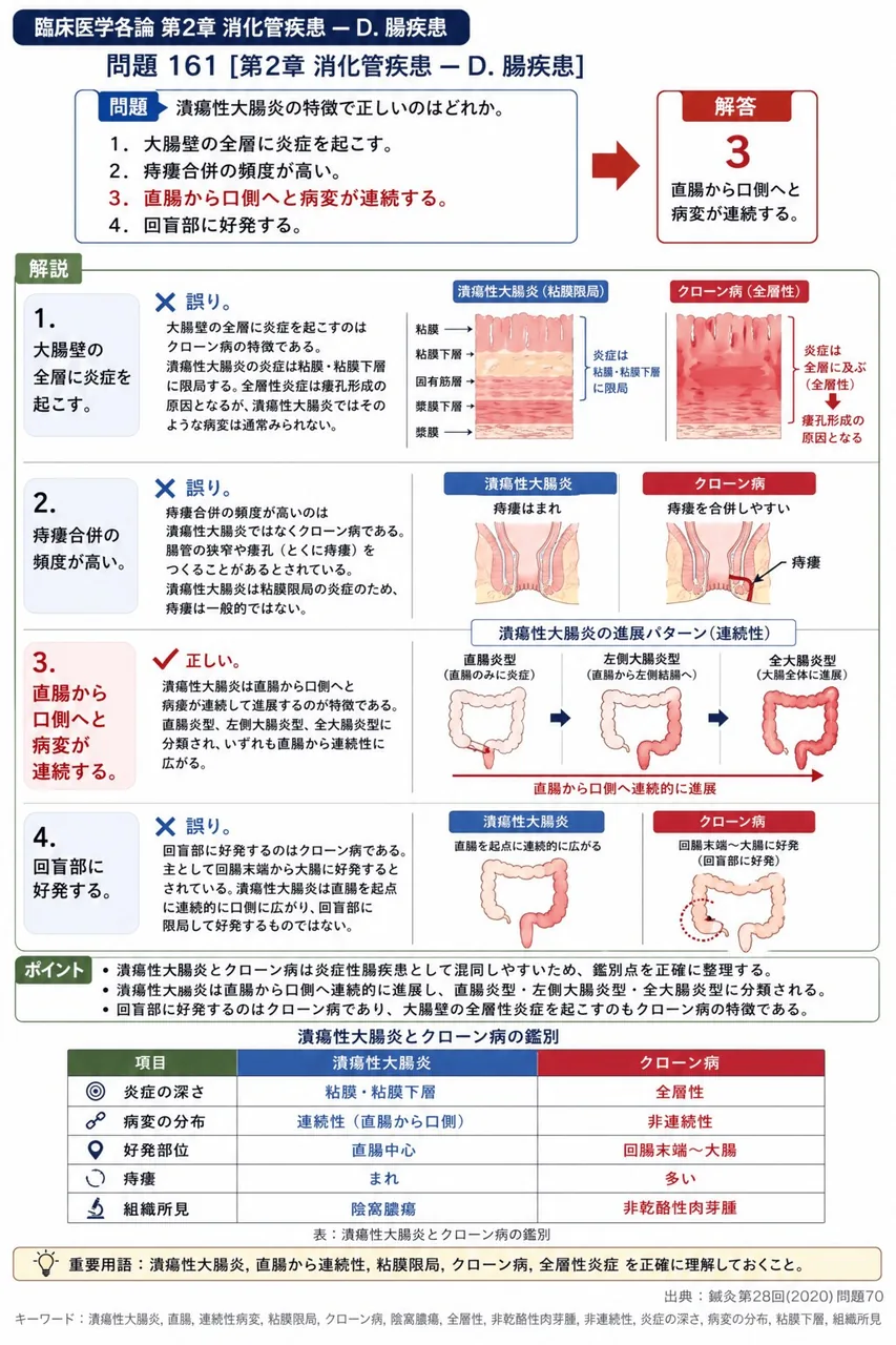 鍼灸 第28回(2020) 問題70｜潰瘍性大腸炎の特徴で正しいのはどれか。 解説図