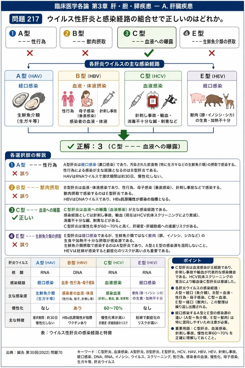 鍼灸 第30回(2022) 問題70|ウイルス性肝炎と感染経路の組合せで正しいのはどれか。 解説図
