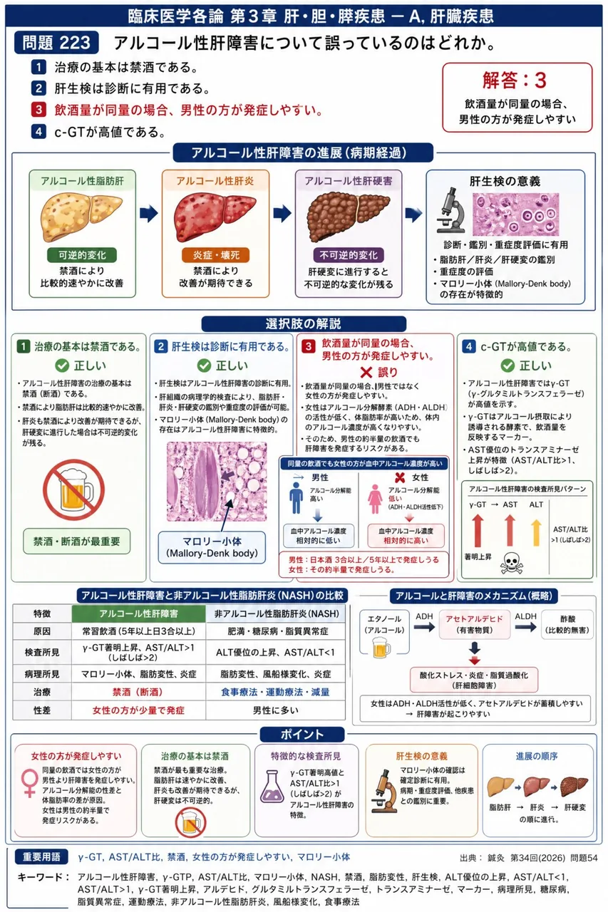 鍼灸 第34回(2026) 問題54|アルコール性肝障害について誤っているのはどれか。 解説図