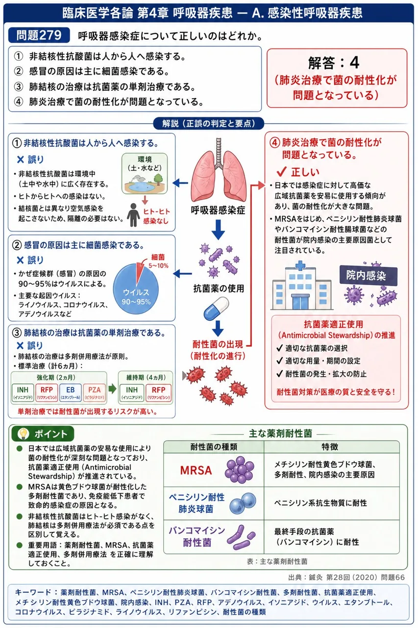 鍼灸 第28回(2020) 問題66｜呼吸器感染症について正しいのはどれか。 解説図