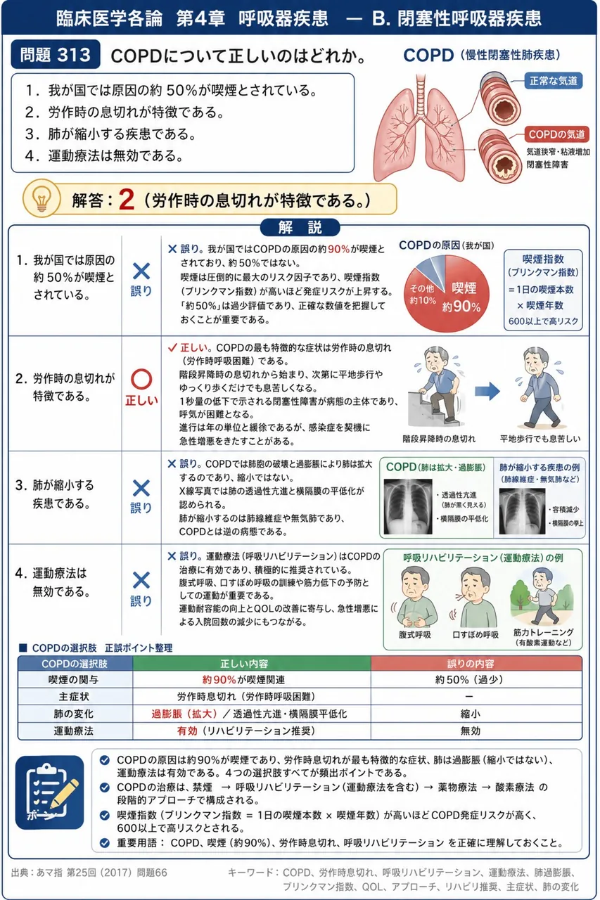 あマ指 第25回(2017) 問題66｜COPDについて正しいのはどれか。 解説図