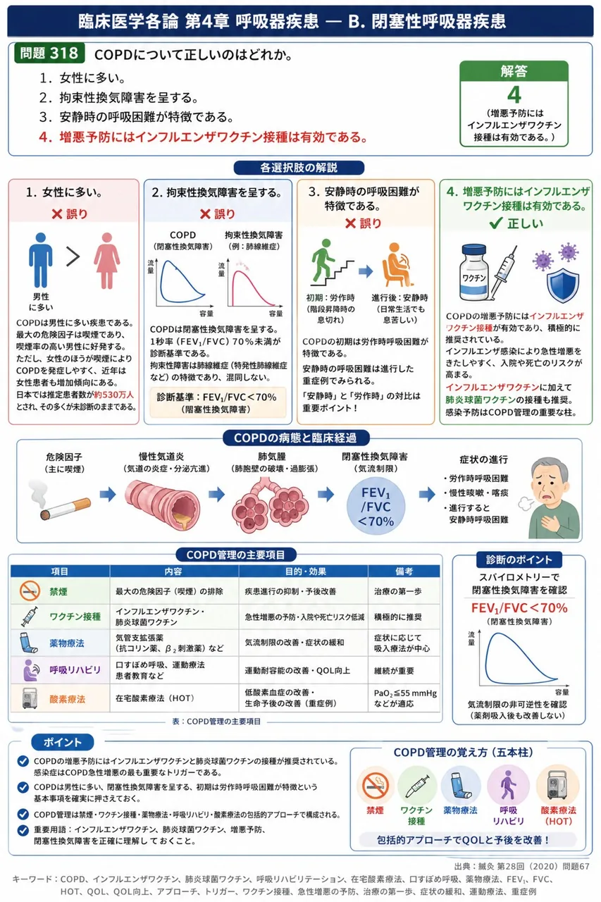 鍼灸 第28回(2020) 問題67|COPDについて正しいのはどれか。 解説図
