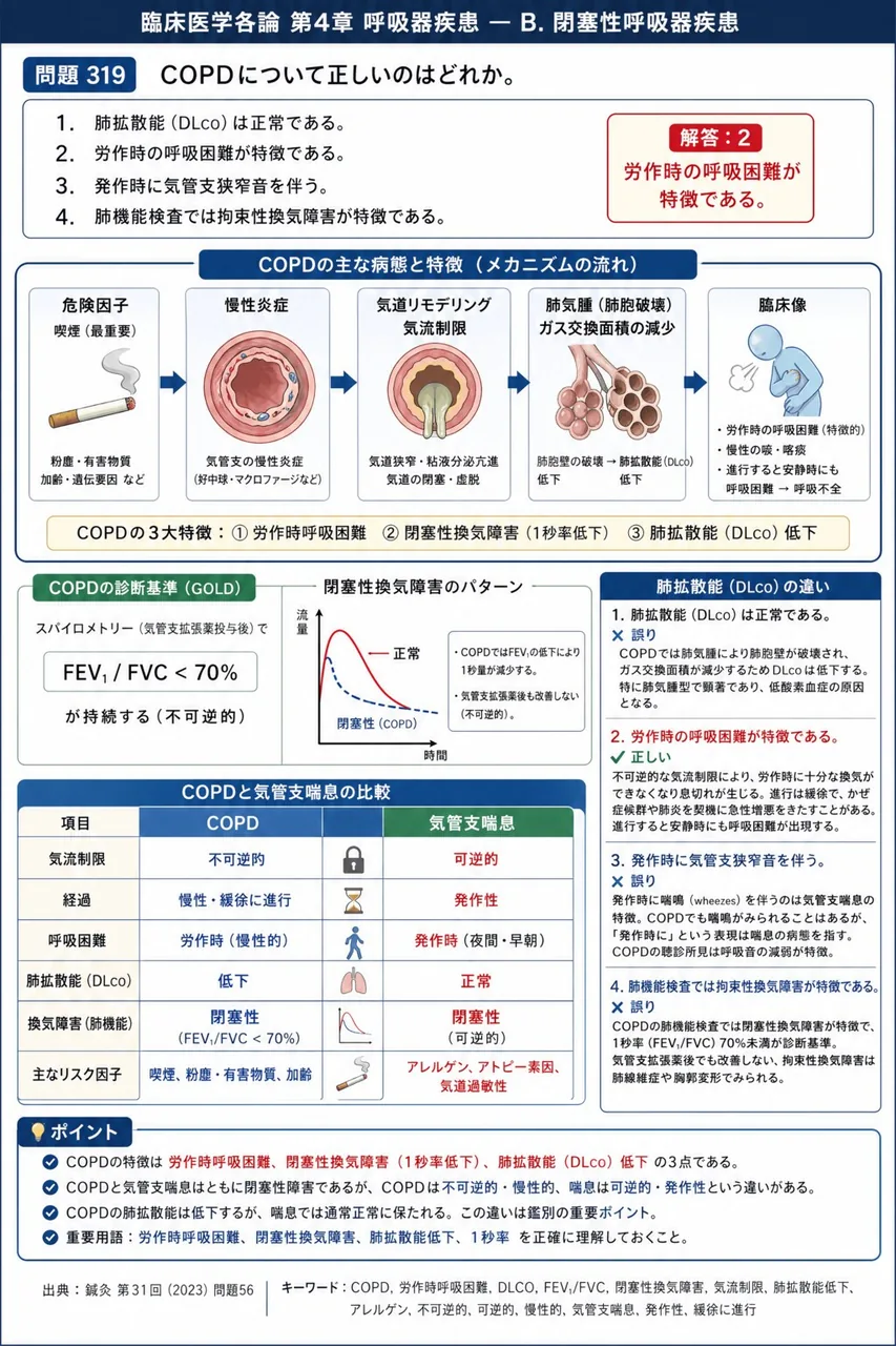 鍼灸 第31回(2023) 問題56|COPDについて正しいのはどれか。 解説図