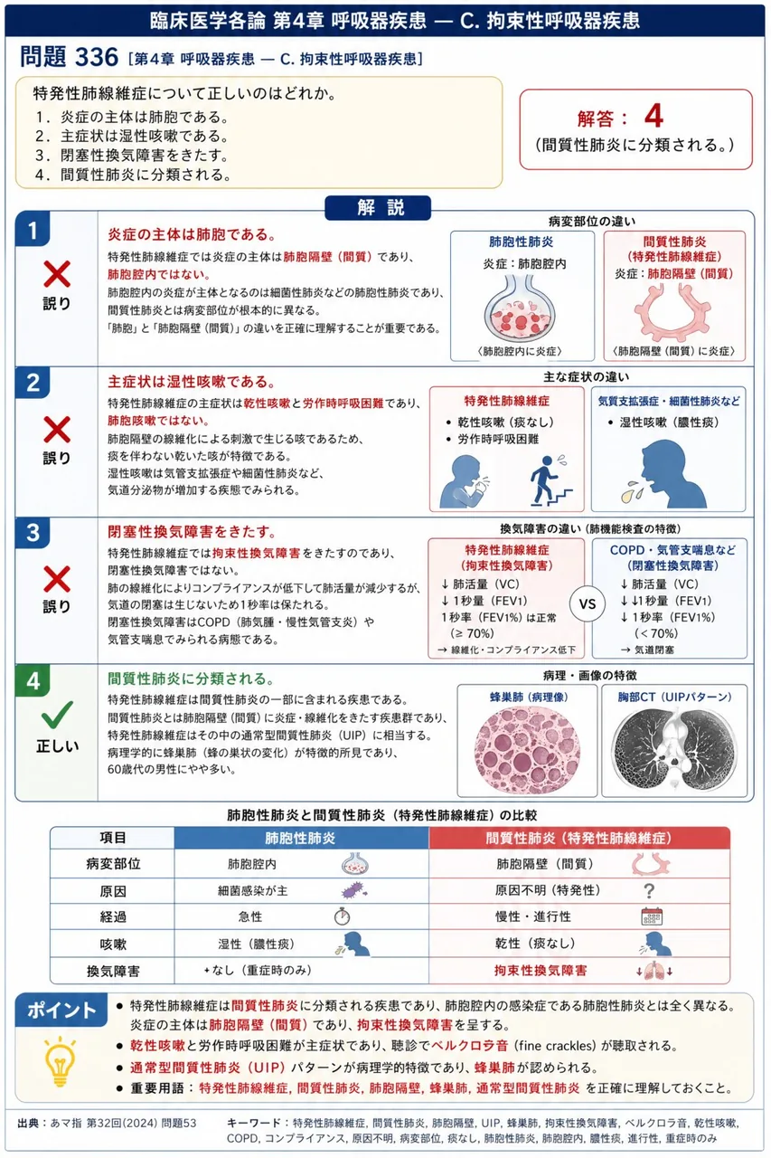 あマ指 第32回(2024) 問題53|特発性肺線維症について正しいのはどれか。 解説図