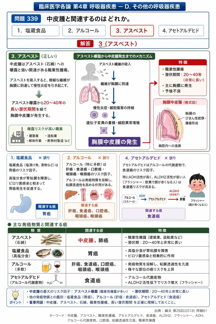 鍼灸 第26回(2018) 問題61|中皮腫と関連するのはどれか。 解説図