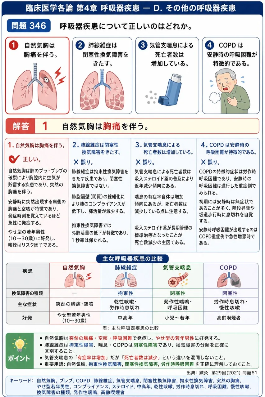 鍼灸 第29回(2021) 問題61|呼吸器疾患について正しいのはどれか。 解説図