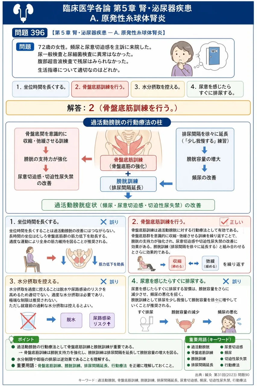 鍼灸 第31回(2023) 問題90｜「72歳の女性。頻尿と尿意切迫感を主訴に来院した。尿一般検査と尿細菌検査に異常はなかった。腹部超音波検査で残尿はみられなかった。」生活指導について適切なのはどれか。 解説図