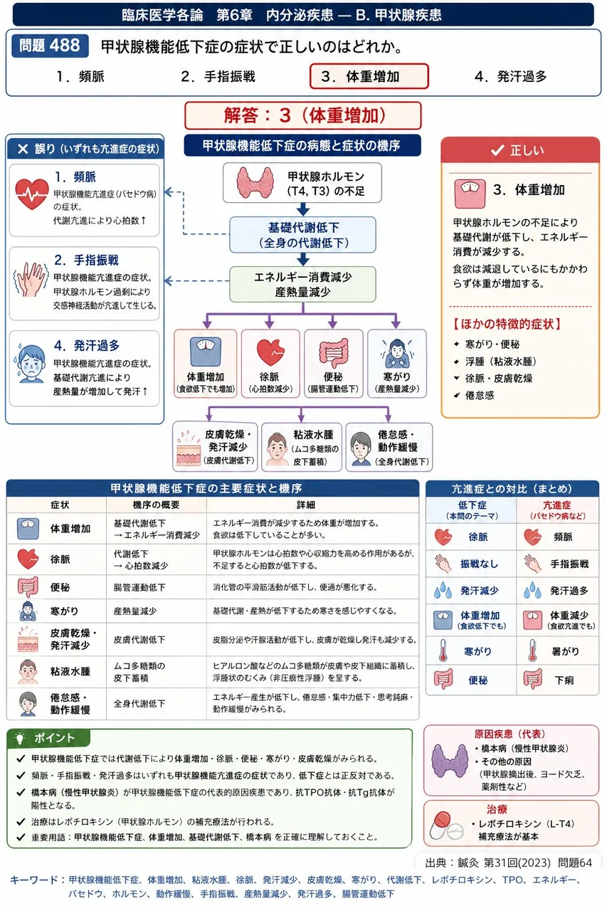 鍼灸 第31回(2023) 問題64|甲状腺機能低下症の症状で正しいのはどれか。 解説図