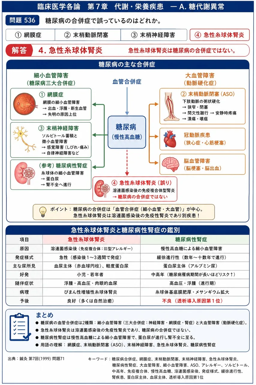 鍼灸 第7回(1999) 問題71|糖尿病の合併症で誤っているのはどれか。 解説図