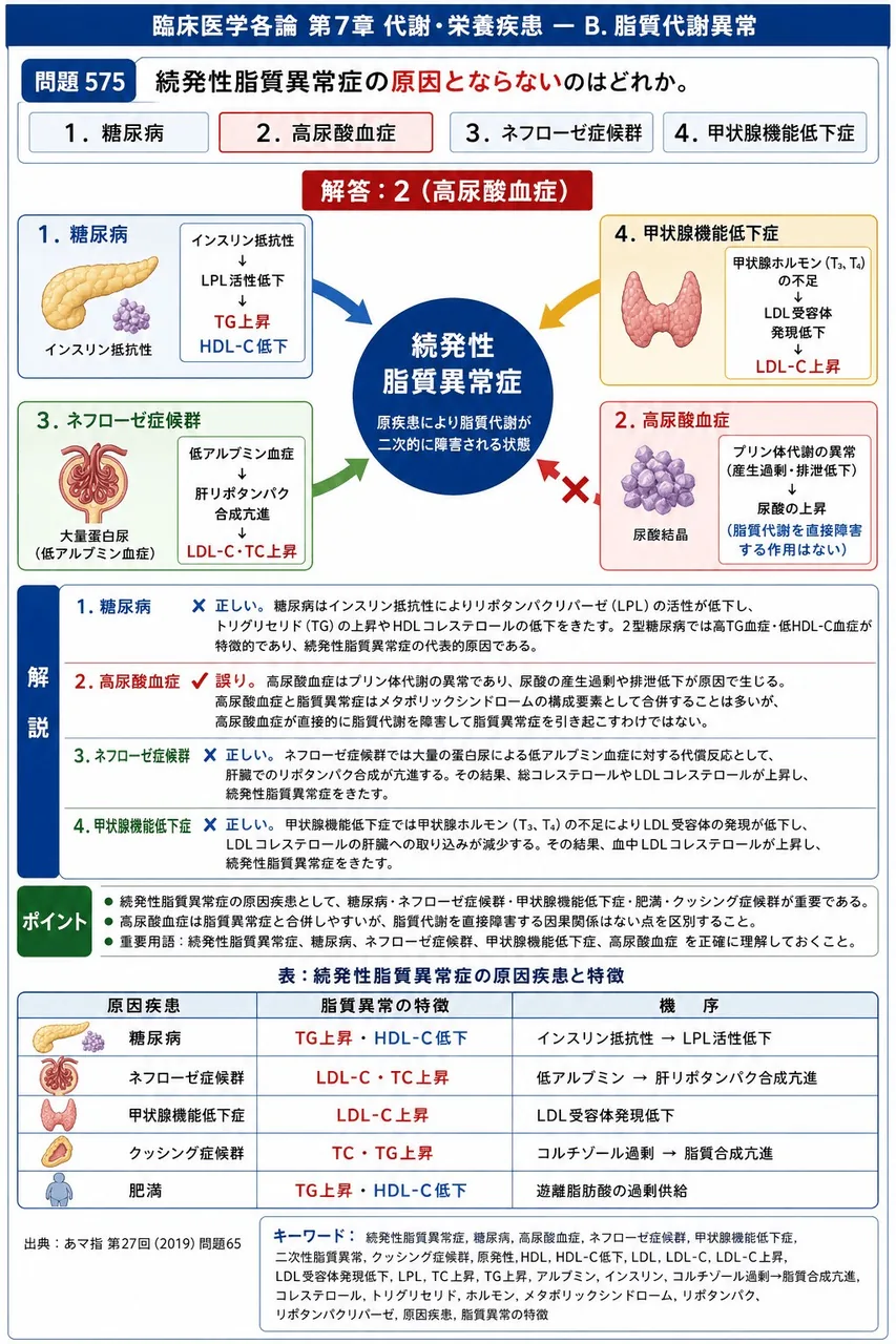 あマ指 第27回(2019) 問題65|続発性脂質異常症の原因とならないのはどれか。 解説図
