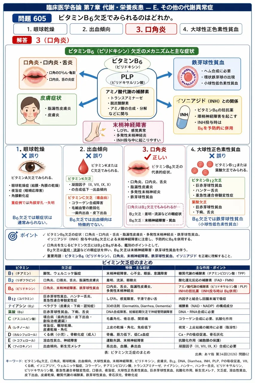 あマ指 第34回(2026) 問題62|ビタミンB6欠乏でみられるのはどれか。 解説図