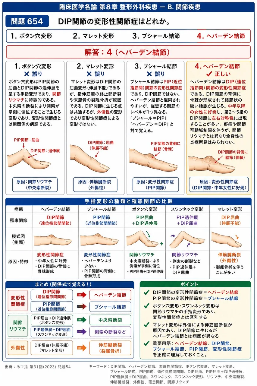 あマ指 第31回(2023) 問題54|DIP関節の変形性関節症はどれか。 解説図